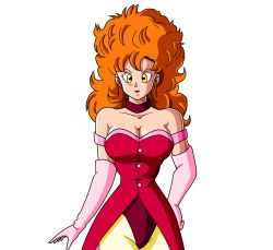 Rule 34 | 1girl, bare shoulders, breasts, choker, cleavage, cowboy shot, dragon ball, dragonball z, elbow gloves, gloves, hand on own hip, highres, large breasts, lipstick, long hair, looking at viewer, makeup, medium breasts, miss piiza, narrow waist, no bra, orange hair, piiza, pink gloves, red lips, solo, standing, strapless, tagme, transparent background, yellow eyes