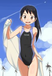 Rule 34 | 1girl, bad id, bad pixiv id, black hair, brown eyes, competition swimsuit, long hair, one-piece swimsuit, original, ponytail, solo, suikasan, swimsuit, towel