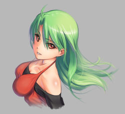 Rule 34 | 1girl, bad id, bad pixiv id, breasts, cleavage, green hair, grey background, looking at viewer, original, pinakes, red eyes, solo