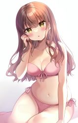 Rule 34 | 1girl, :o, bare arms, bare shoulders, bikini, blush, breasts, brown hair, cleavage, collarbone, commentary request, front-tie bikini top, front-tie top, gradient background, grey background, hair between eyes, head tilt, highres, long hair, medium breasts, minami saki, navel, original, parted lips, pink bikini, side-tie bikini bottom, sitting, solo, swimsuit, white background, yellow eyes
