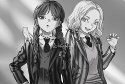 Rule 34 | 0shu 0v0, 2girls, addams family, animification, badge, braid, claw pose, closed mouth, collared shirt, disembodied hand, enid sinclair, eyelashes, hair over shoulder, hand on another&#039;s shoulder, hand on own hip, jacket, lips, long hair, long sleeves, looking at viewer, monochrome, multicolored nails, multiple girls, nail polish, necktie, nevermore academy school uniform, open clothes, open jacket, open mouth, school uniform, shirt, short hair, smile, standing on shoulder, striped clothes, striped jacket, sweater, thing (addams family), twin braids, twintails, upper body, wavy hair, wednesday (netflix), wednesday addams