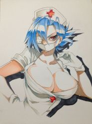 Rule 34 | + +, 1girl, bad id, bad twitter id, blue hair, breasts, cleavage, eyepatch, gloves, hair over one eye, hat, kawakami taiki, large breasts, looking at viewer, marker (medium), mask, mouth mask, nurse, nurse cap, ponytail, red eyes, simple background, skullgirls, solo, surgical mask, traditional media, valentine (skullgirls), white gloves