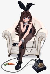 Rule 34 | 1girl, animal ears, bare shoulders, black bow, black footwear, black neckwear, blue eyes, blush, bow, brown hair, carrot, chair, closed mouth, cuffs, elisia valfelto, fake animal ears, grey background, hair intakes, hand on own face, highres, holding, holding phone, leotard, long hair, luicent, original, pantyhose, phone, playboy bunny, rabbit ears, simple background, sitting, solo