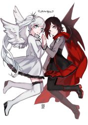 Rule 34 | 2girls, alternate costume, angel wings, bad id, bad twitter id, blue eyes, boots, corset, demon wings, ecru, english text, full body, grey eyes, high heel boots, high heels, holding hands, multiple girls, pantyhose, red hair, ruby rose, rwby, scar, scar across eye, scar on face, transparent background, weiss schnee, white hair, wings