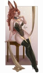 Rule 34 | absurdres, animal ears, bad source, boots, breasts, commission, corset, desk, final fantasy, final fantasy xiv, finger to mouth, gloves, grey eyes, hand on own face, highres, jewelry, large breasts, leather, leather boots, lingerie, long hair, looking at viewer, naughty face, necklace, on desk, pole dancing, rabbit ears, red hair, self-upload, sitting, on desk, underwear, viera, warrior of light (ff14), wavy hair
