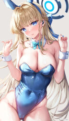 Rule 34 | 1girl, animal ears, blonde hair, blue archive, blue bow, blue bowtie, blue eyes, blue hair, blue halo, blue leotard, blush, bow, bowtie, braid, breasts, cleavage, collarbone, covered navel, cowboy shot, detached collar, fake animal ears, halo, highres, large breasts, leotard, long hair, looking at viewer, multicolored hair, official alternate costume, open mouth, rabbit ears, solo, strapless, strapless leotard, streaked hair, toki (blue archive), toki (bunny) (blue archive), wrist cuffs, yan-yam