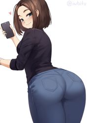 Rule 34 | 1girl, ass, black shirt, blue eyes, blue nails, blue pants, blush, brown hair, closed mouth, dutch angle, from behind, heart, highres, holding, holding phone, iwbitu, looking at viewer, mole, mole under eye, nail polish, pants, pantylines, phone, product girl, samsung, samsung sam, shirt, short hair, simple background, smile, solo, white background