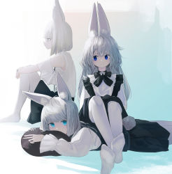 Rule 34 | 3girls, animal ear fluff, animal ears, bare shoulders, black bow, black skirt, black vest, blue eyes, bow, closed mouth, commentary, covered mouth, grey hair, highres, knees up, long hair, long sleeves, looking at viewer, lying, multiple girls, no shoes, on stomach, original, pantyhose, profile, puffy long sleeves, puffy sleeves, rabbit ears, rabbit girl, rabbit tail, revision, shirt, short hair, skirt, smile, tail, timitarcat, very long hair, vest, white hair, white shirt