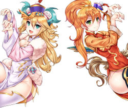 Rule 34 | 2girls, ahoge, aqua eyes, blonde hair, blush, breasts, china dress, chinese clothes, cleavage, covered navel, dragon girl, dragon horns, dragon tail, dress, fur trim, green eyes, halloween, highres, horns, jiangshi, leilan (p&amp;d), looking at viewer, multiple girls, ofuda, open mouth, orange hair, outstretched arms, puzzle &amp; dragons, sakuya (p&amp;d), samoore, side ponytail, side slit, smile, tail, thighhighs, wings, zombie pose
