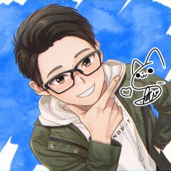 Rule 34 | 1boy, bad id, bad pixiv id, black-framed eyewear, black hair, brown eyes, drawstring, dutch angle, forehead, glasses, green jacket, hand in pocket, hand up, heart, highres, hood, hood down, hoodie, jacket, kurono kito, long sleeves, looking at viewer, male focus, open clothes, open jacket, original, signature, smile, solo, white hoodie