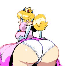 Rule 34 | 1girl, ass, ass focus, bad id, bad twitter id, blonde hair, blue eyes, breasts, brooch, clothes lift, crown, dress, dress lift, elbow gloves, eyelashes, fapin, from behind, gloves, hair tie, huge ass, jewelry, long hair, looking back, mario (series), nintendo, panties, pink dress, ponytail, princess, princess peach, puffy short sleeves, puffy sleeves, short sleeves, simple background, sketch, solo, super mario bros. 1, thighs, underwear, white background, white gloves, white panties