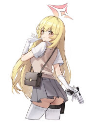 Rule 34 | 1girl, 29hyeon, absurdres, ass, bag, blonde hair, blue archive, bright pupils, brown eyes, brown sweater vest, closed mouth, collared shirt, cropped legs, elbow gloves, finger to mouth, gloves, grey skirt, gun, halo, handbag, handgun, highres, holding, holding gun, holding weapon, holster, long hair, looking at viewer, looking back, pleated skirt, red halo, school uniform, shirt, shokuhou misaki, short sleeves, simple background, skirt, smile, solo, spider web print, staccato 2011, star-shaped pupils, star (symbol), star halo, summer uniform, sweater vest, symbol-shaped pupils, thigh holster, thighhighs, toaru kagaku no railgun, toaru majutsu no index, tokiwadai school uniform, underbutt, very long hair, weapon, white background, white gloves, white pupils, white shirt, white thighhighs, yellow eyes