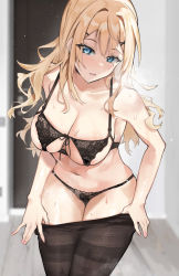 Rule 34 | 1girl, absurdres, black bra, black panties, black pantyhose, blonde hair, blue eyes, blush, bra, breasts, breath, cleavage, collarbone, fang qiao, hair ornament, hairclip, highres, lace, lace bra, lace panties, large breasts, leaning forward, long hair, looking at viewer, mole, mole under eye, navel, open mouth, original, panties, pantyhose, solo, stomach, sweat, underwear, underwear only, undressing, x hair ornament