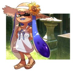 Rule 34 | 1girl, arm behind back, blue hair, dress, flower, full body, furude rika, hat, highres, higurashi no naku koro ni, inkling, inkling girl, inkling player character, long hair, looking at viewer, nintendo, one eye closed, outside border, photo background, real world location, sandals, solo, splatoon (series), standing, sun hat, sundress, sunflower, tan, temple, tentacle hair, wahootarou, white dress, yellow eyes