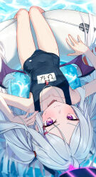 Rule 34 | 1girl, bare arms, bare legs, bare shoulders, black one-piece swimsuit, blue archive, blush, closed mouth, demon wings, flat chest, halo, highres, hina (blue archive), hina (swimsuit) (blue archive), innertube, kustaru, long hair, looking at viewer, name tag, official alternate costume, one-piece swimsuit, purple eyes, purple wings, school swimsuit, solo, swim ring, swimsuit, very long hair, water, white hair, wings