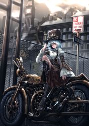 Rule 34 | 1girl, analog clock, arrow (symbol), belt, belt buckle, belt pouch, black footwear, black hat, blouse, boots, breasts, brown skirt, buckle, building, chain-link fence, chimney, clock, clock tower, cloud, cloudy sky, corset, cross-laced footwear, day, english text, eyes visible through hair, factory, fence, gears, goggles, goggles on headwear, hair between eyes, hair over one eye, hand on headwear, hat, highres, industrial pipe, italian text, juliet sleeves, knee boots, knee up, lace-up boots, layered sleeves, leg up, long sleeves, looking at viewer, medium breasts, motor vehicle, motorcycle, multiple belts, no parking sign, one way sign, original, outdoors, paper, pouch, puffy sleeves, red eyes, red skirt, revision, road sign, ryosios, shirt, short hair, sidesaddle, sign, silver hair, sitting, skirt, sky, smile, solo, steampunk, top hat, tower, translated, wheel, white shirt, wide sleeves, wing collar