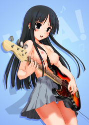 Rule 34 | 00s, 1girl, akiyama mio, bass guitar, black eyes, black hair, blunt bangs, breasts, fender (company), fender jazz bass, guitar, hechi, hime cut, instrument, k-on!, large breasts, long hair, musical note, nipples, panties, quaver, solo, striped clothes, striped panties, topless, underwear