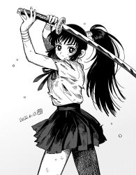 Rule 34 | 1girl, absurdres, arms up, bandaged arm, bandaged wrist, bandages, closed mouth, dated, fingernails, greyscale, hatching (texture), highres, holding, holding sword, holding weapon, katana, long hair, looking at viewer, monochrome, original, outsuki, ponytail, ribbon, school uniform, serafuku, signature, skirt, solo, sweat, sword, torn, torn clothes, torn skirt, uniform, weapon