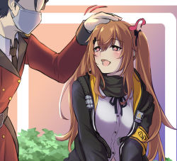Rule 34 | 1boy, 1girl, 3 small spiders, black jacket, black scarf, blush, brown hair, girls&#039; frontline, griffin &amp; kryuger military uniform, hair between eyes, hair ribbon, headpat, highres, jacket, long hair, long sleeves, mask, military, military uniform, mouth mask, musical note, open clothes, open jacket, open mouth, ribbon, scarf, shirt, solo focus, surgical mask, twintails, ump9 (girls&#039; frontline), uniform, white shirt