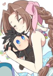 Rule 34 | 1boy, 1girl, aerith gainsborough, aozora airu, bare shoulders, black hair, blue eyes, blush, braid, braided ponytail, brown gloves, brown hair, closed eyes, closed mouth, commentary request, couple, crisis core final fantasy vii, cross scar, hugging doll, dress, facial scar, final fantasy, final fantasy vii, flower, gloves, hair ribbon, heart, long hair, low-tied long hair, mini person, miniboy, hugging object, parted bangs, pink ribbon, ribbon, scar, scar on cheek, scar on face, simple background, sleeveless, sleeveless dress, smile, spiked hair, stuffed toy, sweater, turtleneck, turtleneck sweater, twitter username, upper body, zack fair