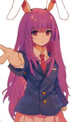 Rule 34 | 1girl, ai-assisted, animal ears, bad id, bad twitter id, black jacket, blazer, buttons, closed mouth, collared shirt, highres, irumina777, jacket, long hair, long sleeves, necktie, pink skirt, pleated skirt, purple hair, rabbit ears, red eyes, red necktie, reisen udongein inaba, shirt, simple background, skirt, solo, touhou, upper body, white background, white shirt