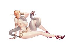 Rule 34 | 1girl, absurdres, animal on leg, anklet, aqua eyes, arm behind head, arm support, armlet, artist request, bare arms, bare legs, bare shoulders, bikini, black choker, blonde eyebrows, blonde hair, bracelet, breasts, choker, collarbone, cross-laced footwear, final gear, forked tongue, full body, hair over one eye, high heels, highres, imperia (final gear), jewelry, large breasts, lips, mature female, multi-strapped bikini bottom, navel, navel piercing, official art, open mouth, piercing, red eyes, red footwear, shoe strap, simple background, sitting, slit pupils, smile, snake, snake tail, solo, swimsuit, tachi-e, tail, teeth, third-party source, tongue, tongue out, transparent background, triangle print, upper teeth only, white bikini, white snake