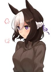 Rule 34 | 1girl, puff of air, absurdres, angry, animal ears, braid, breasts, brown hair, brown sweater, closed mouth, commentary, cropped torso, french braid, hair between eyes, highres, horse ears, horse girl, hukahito, jewelry, medium breasts, multicolored hair, necklace, purple eyes, ribbed sweater, simple background, solo, special week (umamusume), streaked hair, sweater, turtleneck, turtleneck sweater, umamusume, upper body, white background, white hair