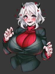 Rule 34 | 1girl, absurdres, alternate breast size, alternate hairstyle, black horns, black jacket, blazer, blush, breasts, cleavage, commentary, demon girl, demon horns, fang, grey background, heart, heart-shaped pupils, helltaker, highres, horns, huge breasts, hz (666v), jacket, long sleeves, looking at viewer, modeus (helltaker), open mouth, paid reward available, red eyes, red sweater, ribbed sweater, short hair, simple background, smile, solo, sweater, symbol-shaped pupils, turtleneck, turtleneck sweater, upper body, white hair