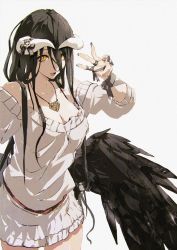 Rule 34 | 1girl, :d, albedo (overlord), alternate costume, belt, black hair, black wings, blue nails, breasts, casual, cleavage, collarbone, contemporary, demon horns, dress, hair between eyes, horn ornament, horn ribbon, horns, jewelry, long hair, looking at viewer, low wings, nail polish, necklace, official art, open mouth, overlord (maruyama), ribbon, simple background, slit pupils, smile, so-bin, solo, sweater, sweater dress, teeth, w, white background, wings, wrist ribbon, yellow eyes
