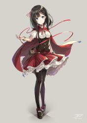 Rule 34 | 1girl, bad id, bad pixiv id, black hair, black pantyhose, blue eyes, cape, corset, cosplay, full body, hair ribbon, highres, light smile, long hair, pantyhose, petticoat, red ribbon, ribbon, rin yuu, ruby rose, ruby rose (cosplay), rwby, signature, simple background, sketch, solo, standing
