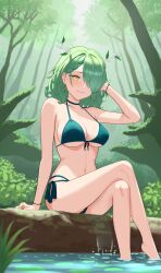 Rule 34 | 1girl, absurdres, antlers, arm support, bare arms, bare legs, bare shoulders, bikini, braid, braided bangs, branch, breasts, bush, ceres fauna, choker, commentary, crossed legs, diptip, earrings, english commentary, forest, front-tie bikini top, front-tie top, green bikini, green choker, green hair, hair over one eye, hand in own hair, highres, hololive, hololive english, horns, jewelry, large breasts, legs, light blush, looking at viewer, medium hair, mole, mole under eye, multi-strapped bikini, nature, navel, one eye covered, outdoors, side-tie bikini bottom, sitting, smile, soaking feet, solo, stomach, swimsuit, tree, underboob, virtual youtuber, water, yellow eyes