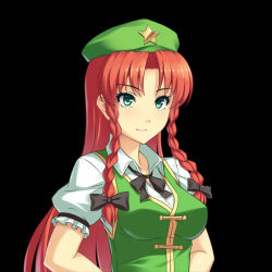 Rule 34 | 1girl, athrun1120, bad id, bad pixiv id, black background, bow, braid, breasts, eyelashes, green eyes, hair bow, hat, hong meiling, light smile, long hair, looking at viewer, puffy short sleeves, puffy sleeves, red hair, short sleeves, simple background, solo, star (symbol), touhou, twin braids, upper body, very long hair, vest