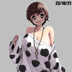Rule 34 | 1girl, alternate costume, animal print, bare shoulders, blush, breasts, bright pupils, brown hair, collarbone, cow print, dated, highres, idolmaster, idolmaster cinderella girls, koitusmile, large breasts, long sleeves, looking at viewer, loose clothes, loose shirt, oikawa shizuku, shirt, short hair, simple background, sleeves past wrists, smile, solo, upper body