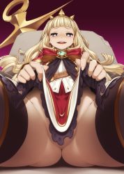Rule 34 | 10s, 1girl, blonde hair, blunt bangs, cagliostro (granblue fantasy), clothes lift, crown, foreshortening, from below, gradient background, granblue fantasy, kosuke orz, long hair, no panties, pussy, sitting, skirt, skirt lift, smile, solo, thighhighs, zettai ryouiki