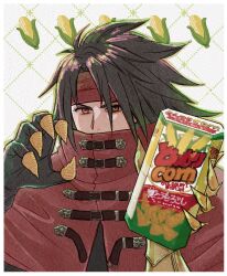 Rule 34 | 1boy, belt buckle, black gloves, black hair, brown eyes, buckle, bugles (food), cape, chips (food), claw pose, clawed gauntlets, commentary, corn, corn cob, covered mouth, final fantasy, final fantasy vii, final fantasy vii rebirth, final fantasy vii remake, food, gauntlets, gloves, hands up, headband, highres, holding, holding food, long hair, male focus, red cape, red headband, rena s1226, single gauntlet, snack, solo, spiked hair, symbol-only commentary, upper body, vincent valentine
