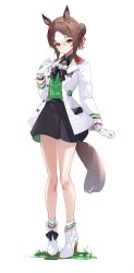 Rule 34 | 1girl, animal ears, black ribbon, black skirt, blush, brown eyes, brown hair, buttons, closed mouth, clover, clover hair ornament, double-breasted, fine motion (umamusume), full body, gloves, grass, green shirt, hair between eyes, hair bun, hair ornament, hair ribbon, highres, horse ears, horse girl, horse tail, jacket, long sleeves, looking at viewer, majo (pastamajo), multicolored hair, neck ribbon, open clothes, open jacket, red ribbon, ribbon, shirt, sidelocks, simple background, single hair bun, skirt, smile, solo, standing, tail, two-tone hair, umamusume, white background, white gloves, white hair, white jacket
