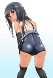 Rule 34 | 10s, 1girl, aqua eyes, arm warmers, asashio (kancolle), ass, bare shoulders, black hair, black thighhighs, blush, clothes pull, elbow gloves, fingerless gloves, gloves, highres, kantai collection, long hair, looking back, one-piece swimsuit, one-piece swimsuit pull, one-piece tan, open mouth, school swimsuit, solo, swimsuit, tan, tanline, thighhighs, wet, yoshi tama
