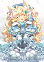 Rule 34 | 1girl, ahoge, animal, animal ears, animal on shoulder, bird, bird on shoulder, black gloves, blonde hair, blush, capelet, capura lin, dress, closed eyes, fangs, gloves, hair ornament, hairclip, hat, long hair, open mouth, original, scarf, smile, snow, snowflakes, snowing, solo, v arms