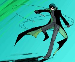 Rule 34 | 00s, 1boy, belt, black hair, coat, darker than black, full body, hei (darker than black), knife, male focus, solo, thigh strap, trench coat, weapon, wire