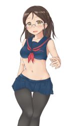 Rule 34 | 1girl, :d, aimobake, ayase honoka, bare arms, bare shoulders, black pantyhose, blue sailor collar, blue shirt, blue skirt, blush, breasts, brown hair, collarbone, commentary request, crop top, feet out of frame, glasses, highres, idolmaster, idolmaster cinderella girls, long hair, looking at viewer, medium breasts, midriff, miniskirt, navel, neckerchief, open mouth, pantyhose, parted bangs, pleated skirt, red neckerchief, rimless eyewear, sailor collar, shirt, simple background, skirt, sleeveless, sleeveless shirt, smile, solo, standing, stomach, thigh gap, white background, yellow eyes