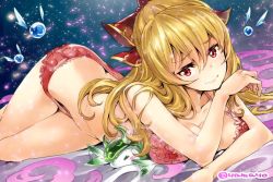 Rule 34 | 10s, 1girl, bikini, blonde hair, bow, bra, breast press, breasts, chevallier, cleavage, granblue fantasy, hair bow, hair ribbon, large breasts, long hair, looking at viewer, luminiera (granblue fantasy), lying, on stomach, panties, red bra, red eyes, red panties, ribbon, smile, solo, super zombie, swimsuit, underwear, underwear only, vira (granblue fantasy)