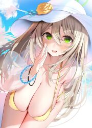 Rule 34 | 1girl, bent over, bikini, blue archive, blue sky, blush, bracelet, breasts, cleavage, cloud, covered erect nipples, green eyes, hanging breasts, hat, highres, jewelry, large breasts, leaning forward, long hair, looking at viewer, nidaime (doronbo), nonomi (blue archive), nonomi (swimsuit) (blue archive), open mouth, outdoors, sky, solo, sun hat, swimsuit, thighs, white hat, yellow bikini