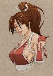 Rule 34 | 1girl, bankage, breasts, brown eyes, brown hair, female focus, folded fan, folding fan, hand fan, large breasts, light smile, lips, long hair, nose, ponytail, revealing clothes, rope, sash, shimenawa, shiranui mai, sideboob, solo, the king of fighters, upper body