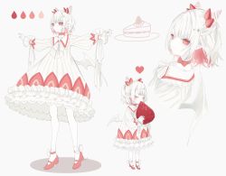 Rule 34 | 1girl, absurdres, albino, bad id, bad pixiv id, blush, bow, bowtie, cake, cake slice, closed eyes, colored skin, dress, food, food-themed clothes, frilled dress, frills, fruit, heart, heart-shaped pupils, highres, horns, kotarou (kot mochi), long sleeves, low wings, multiple views, original, oversized food, oversized object, pointy ears, red bow, red eyes, red footwear, standing, strawberry, symbol-shaped pupils, white dress, white hair, white legwear, white skin, white theme, wings