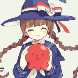 Rule 34 | 1girl, anchor symbol, bad id, bad pixiv id, blue hat, blue shirt, blush, bow, braid, closed eyes, closed mouth, french flag, french flag ribbon, funamusea, hat, iovebly, long hair, long sleeves, lowres, octopus, oounabara to wadanohara, school uniform, shirt, simple background, smile, solo, twin braids, upper body, wadanohara, white background, witch, witch hat