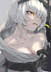 Rule 34 | 1girl, black gloves, breasts, cape, cleavage, clothes pull, collarbone, gloves, glowing, glowing eyes, goddess of victory: nikke, grey background, highres, long hair, medium breasts, messy hair, parted lips, pulling, sidelocks, simple background, snow white (nikke), solo, thenami, upper body, visor (armor), visor lift, white cape, white hair, yellow eyes