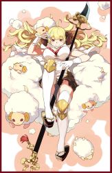 Rule 34 | 10s, 1girl, ahoge, anila (granblue fantasy), blonde hair, blush, breasts, cleavage, draph, eyebrows, gloves, granblue fantasy, highres, horns, large breasts, long hair, looking at viewer, no panties, polearm, sheep, sheep horns, smile, solo, spear, thighhighs, two-cat-walk, weapon, white gloves, white thighhighs, zettai ryouiki