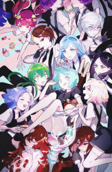 Rule 34 | 6+others, ahoge, alexandrite (houseki no kuni), amethyst (houseki no kuni), androgynous, angry, antarcticite, aqua eyes, aqua hair, black eyes, black footwear, black gloves, black hair, black neckwear, black shorts, black skirt, blonde hair, blue eyes, blue hair, blush, bort, braid, brown eyes, brown hair, cake, cinnabar (houseki no kuni), clenched hand, closed eyes, closed mouth, collar, collared shirt, colored eyelashes, colored skin, crystal hair, curly hair, diamond (houseki no kuni), dress, elbow gloves, embarrassed, euclase (houseki no kuni), eyes visible through hair, food, food on head, from side, gem, gem uniform (houseki no kuni), gloves, green eyes, green hair, grey eyes, hair between eyes, hair over one eye, highres, holding, holding hands, holding plate, holding spoon, houseki no kuni, ice cream, jade (houseki no kuni), k (sktchblg), lab coat, long bangs, long hair, long sleeves, looking at another, looking at viewer, looking down, muffin, multicolored hair, multiple others, necktie, neckwear request, object on head, open mouth, other focus, padparadscha (houseki no kuni), parted bangs, phosphophyllite, pink hair, plate, puffy long sleeves, puffy short sleeves, puffy sleeves, purple hair, red beryl (houseki no kuni), red eyes, red hair, rutile (houseki no kuni), saliva, shirt, shoes, short hair, short shorts, short sleeves, shorts, siblings, simple background, skirt, smile, sparkle, spoon, star (symbol), sulking, sweets, teeth, thighhighs, tongue, twins, twintails, two-tone hair, uniform, white eyes, white hair, white legwear, white shirt, white skin