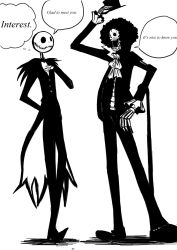 Rule 34 | 2boys, absurdres, afro, bald, bat (animal), black hair, brook (one piece), cane, coat tails, ascot, crossover, disney, english text, engrish text, formal, full body, goth fashion, greeting, hat, hat tip, highres, jack skellington, just another kunkun, male focus, multiple boys, one piece, ranguage, skeleton, skull, standing, suit, tail coat, the nightmare before christmas, top hat