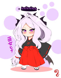 1girl absurdres ahoge black_footwear black_kimono black_wings blue_archive blush braid chibi closed_mouth colored_shadow full_body grey_hair hakama halo highres hina_(blue_archive) horns japanese_clothes kimono kurukurumagical long_hair long_sleeves parted_bangs purple_eyes red_hakama ribbon-trimmed_sleeves ribbon_trim sandals shadow simple_background single_braid single_hair_intake sleeves_past_fingers sleeves_past_wrists socks solo standing translation_request very_long_hair white_background white_socks wide_sleeves wings zouri